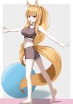  1girl :d animal_ear_fluff animal_ears arknights ball bare_arms bare_shoulders barefoot blemishine_(arknights) blonde_hair border breasts brown_shorts brown_sports_bra collarbone commentary crop_top exercise_ball full_body grey_background highres large_breasts long_hair looking_at_viewer open_mouth outstretched_arms pale_skin ponytail shorts sidelocks simple_background sleeveless smile solo sports_bra spread_arms standing tail uiru_(uiruuun) very_long_hair white_border yellow_eyes yellow_tail 