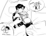  2boys angeal_hewley apple_on_head armor black_hair blanket chibi closed_eyes cornbaijin18605 crying cuddling english_commentary english_text final_fantasy final_fantasy_vii final_fantasy_vii_ever_crisis genesis_rhapsodos gloves heart highres lucrecia_crescent male_focus mother_and_son multiple_boys pauldrons pillow ponytail sephiroth sephiroth_(ever_crisis) short_hair shoulder_armor sleeping speech_bubble sweatdrop tearing_up tent thought_bubble under_covers yaoi zzz 