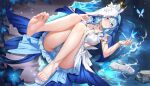  1girl absurdres bare_legs barefoot blue_butterfly blue_hair blue_nails blue_panties blue_veil breasts bug butterfly closed_mouth feet fingernails full_body hair_between_eyes hand_up highres knees_together_feet_apart lace-trimmed_panties lace_trim large_breasts legs long_hair looking_at_viewer lopy lying lying_on_water nail_polish on_back panties purple_eyes pussy sandals second-party_source see-through_clothes see-through_panties shorekeeper_(wuthering_waves) single_sandal smile soles solo thighs toenail_polish toenails toes two-tone_veil underwear unworn_sandals veil white_sandals white_veil wuthering_waves 