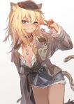  1girl :d absurdres animal_ears arknights arm_up belt belt_buckle belt_collar blonde_hair blue_eyes blush breasts brown_coat brown_hat buckle chinese_commentary coat collar commentary_request cowboy_shot dark-skinned_female dark_skin glasses gradient_background grey_background grey_belt grey_collar grey_shirt grey_shorts grin hair_between_eyes hat highres jewelry long_sleeves looking_at_viewer medium_hair morgan_(arknights) multiple_rings no_bra pendant ring sao7 shirt shorts small_breasts smile solo tail unworn_eyewear v white_background 