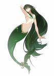 1girl absurdres arm_behind_head armlet armpits bare_arms bare_shoulders bikini closed_mouth commentary_request earrings expressionless fins fish_tail full_body green_bikini green_eyes green_hair green_tail hair_between_eyes highres jewelry light_frown long_hair mermaid mermaid_melody_pichi_pichi_pitch monster_girl morgue_(southsakura) navel necklace ribs shell shell_bikini shell_necklace simple_background skinny solo stomach strapless strapless_bikini swimsuit tail tail_ornament tail_ring touin_rina touin_rina_(mermaid) very_long_hair wavy_hair white_background 