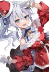  bare_shoulders bell belt belt_around_waist blue_eyes blue_hair blue_ribbon bow bowtie brown_belt detached_sleeves dress frilled_sleeves frills grey_hair hand_on_own_head hat hat_ornament highres light_blush long_hair motto_(night_wear) neck_bell nijisanji open_mouth red_skirt ribbon santa_costume santa_hat side_ponytail skirt star_(symbol) star_hat_ornament waist_ribbon white_background yukishiro_mahiro 