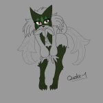 1:1 anthro breast_curtains breasts claws female generation_9_pokemon green_legs green_mask hands_on_knees hands_on_legs hi_res leaning leaning_forward looking_at_viewer mask meowscarada nintendo pink_eyes pokemon pokemon_(species) quake-1 smile solo standing
