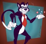2024 anthro artist_name black_body black_ears black_fur black_hair black_nose black_tail bubba_(bubbaloo) bubbaloo_(gum) bubble_gum digital_media_(artwork) domestic_cat eyewear felid feline felis fur gavanzude hair hi_res male mammal necktie pose red_necktie smile solo standing sunglasses tail teeth text two_tone_tail whiskers white_body white_fur white_tail