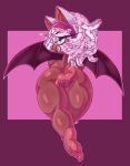 anthro bat bat_wings big_butt black_nose brown_body brown_fur butt colored_nails dreadlocks ear_piercing eyelashes eyeshadow feet female fur genitals green_eyes hair heart_symbol hi_res looking_at_viewer looking_back looking_back_at_viewer lying makeup mammal membrane_(anatomy) membranous_wings nails nude on_front piercing pink_background pink_nails pubes purple_background purple_eyeshadow purple_wings rear_view rouge_the_bat rouge_the_bat_(kailewds) sega simple_background smile solo sonic_the_hedgehog_(series) thebeanghost_(artist) thick_thighs vulva white_body white_fur white_hair white_pubes wide_hips wings