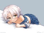  1girl blue_sailor_collar blue_skirt brown_eyes flat_chest glasses gloves grey_background grey_hair hirato_(kancolle) kantai_collection looking_at_viewer lying on_stomach one-hour_drawing_challenge pleated_skirt ray.s sailor_collar sailor_shirt school_uniform serafuku shirt shirt_partially_removed simple_background skirt solo white_gloves white_shirt 
