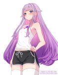  1girl black_shorts blush breasts camisole chest_jewel closed_mouth dolphin_shorts gem gradient_hair hand_on_own_hip highres hololive hololive_english jewel_under_eye koseki_bijou long_hair multicolored_hair pink_hair purple_eyes purple_gemstone purple_hair shiroyumin shorts small_breasts solo thighhighs virtual_youtuber white_camisole white_thighhighs 