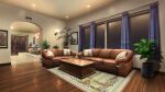  carpet ceiling_light couch curtains fern highres living_room night no_humans non-web_source official_art our_life our_life:_beginnings_and_always photo_(object) pillow plant potted_plant scenery table tile_floor tiles variant_set wall_lamp window_light wooden_floor wooden_table 