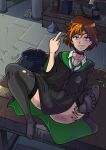  1girl black_choker black_nails black_skirt black_thighhighs brown_hair cauldron choker collar green_necktie grin hand_on_own_thigh hand_up harry_potter:_hogwarts_mystery harry_potter_(series) highres hogwarts_school_uniform indoors looking_at_viewer lying merula_snyde middle_finger multicolored_hair necktie on_back on_table orange_hair potion purple_eyes riccardus97 robe school_uniform shelf skirt slytherin smile table thighhighs thighs tile_floor tiles torn_clothes torn_thighhighs two-tone_hair white_collar wizarding_world 