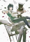  2boys absurdres ace_(playing_card) ace_of_hearts ace_of_spades ahoge animal_ears argyle_clothes argyle_hat asymmetrical_hair black_bow black_bowtie black_eyes black_hair black_hat black_necktie blazer blonde_hair bow bowtie breast_pocket brown_hair buttons card card_in_hat cardfight!!_vanguard carrying cat_ears catching chair closed_mouth collared_shirt crossed_bangs crossed_legs cup double-breasted dress_pants expressionless eyelashes falling feet_out_of_frame flower gloves green_eyes grey_pants grey_vest hair_between_eyes hand_on_another&#039;s_hip hat hat_flower heart highres holding holding_cup jacket kai_toshiki kemonomimi_mode long_sleeves looking_at_viewer male_focus morgue_(southsakura) multiple_boys necktie on_chair open_clothes open_jacket open_mouth pants petals playing_card pocket princess_carry red_flower red_rose rose sendou_aichi shirt short_hair sitting sleeve_cuffs spade_(shape) spilling surprised swept_bangs teacup teeth top_hat tsurime upper_teeth_only vest white_background white_gloves white_jacket white_shirt white_vest 