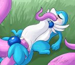 2019 3_fingers all_the_way_through anal anal_penetration azura_(fyoshi) blue_body blue_gem blue_tail blush blush_lines bulge clitoris dated double_penetration dragonair eyelashes eyes_closed fan_character female feral fingers gem generation_1_pokemon generation_5_pokemon genitals grass hybrid looking_pleasured lying multicolored_body multicolored_tail nintendo on_back on_grass penetration pink_clitoris pink_tentacles pink_vulva plant pokemon pokemon_(species) sex signature snivy solo spread_legs spread_vulva spreading tail tentacle_penetration tentacle_sex tentacles two_tone_body two_tone_tail vaginal vaginal_penetration vulva white_body white_tail xilrayne