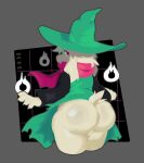 2025 anthro backsack balls big_butt bovid butt caprine clothing deltarune english_description eyewear fur genitals glasses goat green_clothing green_hat green_headwear green_robe grey_background hat headgear headwear hi_res male mammal pink_eyes pink_scarf ralsei rear_view robe round_glasses scarf simple_background small_tail solo tail theonehornedimp undertale_(series) wearing_glasses white_body white_fur wizard_hat