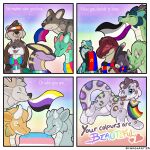 animate_inanimate antlers blue_eyes canid canine canis comic dinosaur dragon eastern_dragon english_text eyes_closed felid green_body grey_body hi_res horn inflatable lgbt_pride living_inflatable mammal mustelid mythological_creature mythological_scalie mythology otter pantherine plushie pool_toy prehistoric_species pride_colors reptile scalie smile smiling_at_another snow_leopard symrea text toony wolf