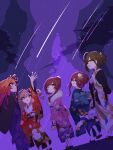  5girls ahoge alstroemeria_(idolmaster) arm_up aya_hawk blue_kimono brown_hair closed_eyes closed_mouth floral_print floral_print_kimono hair_bun highres idolmaster idolmaster_cinderella_girls idolmaster_shiny_colors in-franchise_crossover japanese_clothes kanzaki_ranko kimono kuwayama_chiyuki long_hair long_sleeves multicolored_hair multiple_girls night night_sky ninomiya_asuka obi open_mouth orange_hair osaki_amana osaki_tenka outdoors pink_hair pink_kimono pixel_art print_kimono red_eyes red_hair red_kimono sash shooting_star single_hair_bun sky smile standing star_(sky) two-tone_hair wide_sleeves 