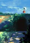  1girl arch blue_sky brick brick_wall commentary_request grass green_hair highres holding holding_umbrella kazami_yuuka kinosaki nature outdoors overgrown path plant red_skirt red_vest scenery shirt skirt sky solo touhou tunnel umbrella vest vines white_shirt 