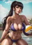  1girl abs beach_volleyball bikini black_hair blue_bikini blue_monsoon_(stellar_blade) blue_nails blue_sky breasts brown_eyes cleavage collarbone dandon_fuga earrings english_commentary eve_(stellar_blade) highres jewelry large_breasts long_hair looking_at_viewer navel oasis outdoors palm_tree parted_lips ponytail sky solo stellar_blade sternocleidomastoid_muscle stomach swimsuit toned toned_female tree very_long_hair 
