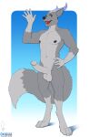 5_fingers absurd_res anthro balls big_penis biped canid canine claws countershade_fur countershade_torso countershading digitigrade dipstick_tail english_text erection fingers fur genitals glans grey_body grey_fur hi_res horn humanoid_genitalia humanoid_penis male mammal markings owligatorstudios paws penis solo tail tail_markings text wolf-dragon-art