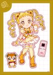  1girl animal_print beads bird blonde_hair boots border bow bowtie brown_bow brown_bowtie brown_flower brown_rose butterfly_earrings butterfly_print cellphone closed_mouth collared_vest cure_lemonade deformed dot_nose dotted_line dress drill_hair earrings eyelashes fingerless_gloves flip_phone flower forehead frilled_sleeves frilled_socks frills full_body gloves green_brooch grid_background hair_beads hair_bow hair_flower hair_ornament hand_up happy high_heel_boots high_heels highres jewelry kasugano_urara_(yes!_precure_5) long_hair looking_at_viewer magical_girl miniskirt outline over-kneehighs penguin phone pink_bag pink_bow pleated_dress pleated_skirt precure puffy_short_sleeves puffy_sleeves rose short_dress short_sleeves signature skirt skirt_under_dress smile socks standing syrup_(yes!_precure_5) tareme thighhighs twin_drills two-tone_bag uwded_207 vest waist_bag waving white_background white_bag white_gloves white_outline white_skirt yellow_boots yellow_border yellow_dress yellow_eyes yellow_socks yellow_vest yes!_precure_5 yes!_precure_5_gogo! 