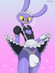 anthro big_bulge blush blush_lines bulge clothing detailed_bulge ears_up embarrassed femboy glitch_productions gloves handwear heart_symbol hi_res huge_bulge jax_(tadc) lagomorph leporid long_ears maid_uniform male mammal markmanez nervous purple_body purple_skin rabbit slim_anthro slim_male small_waist solo teeth the_amazing_digital_circus thick_thighs underwear uniform white_clothing white_underwear yellow_sclera yellow_teeth