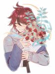  ^_^ ahoge black_streaks blue_jacket bouquet chinese_commentary closed_eyes cropped_torso grey_jacket highres holding holding_bouquet hood jacket male_focus multicolored_hair multicolored_jacket red_hair short_hair simple_background solo streaked_hair sumino_takumi syuu_1125 the_hundred_line_-last_defense_academy- two-tone_jacket white_background 