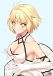  1girl arcueid_brunestud bare_shoulders blonde_hair breasts cleavage closed_mouth dress elbow_gloves gloves glowing glowing_eyes guriguri_(arayotto4351) highres large_breasts looking_at_viewer short_hair simple_background slit_pupils solo tsukihime white_background white_dress white_gloves yellow_eyes 