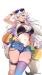  1girl amekaji_gyaru armpits bandaid bandaid_on_knee bandaid_on_leg bandaid_on_thigh bare_shoulders bikini black_bikini black_choker bracelet breasts choker cleavage commentary copyright_name cutoffs denim denim_shorts ear_tag ein_(foxyreine) english_commentary eyebrow_piercing eyewear_on_head face_piercing fox_girl foxyreine from_below gamer_supps grin gyaru highleg highleg_bikini highres holding holding_skateboard jewelry large_breasts long_eyelashes long_hair looking_at_viewer mole mole_on_breast navel necklace open_fly original piercing pink_eyes short_shorts shorts simple_background skateboard skindentation smile solo swimsuit tail tan tanlines teeth thigh_strap thighs very_long_hair white_background white_hair 