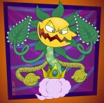abstract_background alternate_version_at_paywall anthro cloud cractus crown digital_drawing_(artwork) digital_media_(artwork) elemental_creature gavanzude green_body headgear hi_res leaf lidded_eyes male multi_head orange_eyes plant sharp_teeth signature smug solo spines stripes teeth vines wario_land_4 yellow_head