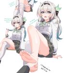  1girl 1other absurdres black_hairband breasts buttons commentary crossed_legs double-breasted english_text feet firefly_(honkai:_star_rail) firefly_(spring_missive)_(honkai:_star_rail) grey_hair grey_skirt hairband highres holding_another&#039;s_feet honkai:_star_rail honkai_(series) long_hair maxwelzy medium_breasts miniskirt multicolored_eyes multicolored_hair multiple_views official_alternate_costume pleated_skirt school_uniform serafuku simple_background single_bare_foot single_thighhigh skirt soles thighhighs toes two-tone_eyes two-tone_hair white_background white_serafuku white_thighhighs 
