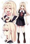  1girl black_serafuku black_shirt black_skirt black_socks blonde_hair blunt_bangs brown_shoes full_body green_eyes hair_ribbon highres kantai_collection laughing loafers looking_at_viewer multiple_views pleated_skirt puff_of_air ribbon sailor_collar sailor_shirt school_uniform serafuku shirt shoes simple_background skirt socks tsumikitsuki_(katsuobushi) upper_body white_background white_sailor_collar yuudachi_(kancolle) 