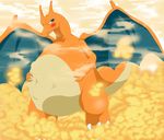  belly blush charizard claws fard fart gas hands_on_stomach inflation looking_at_viewer male mustard_gas nintendo one_eye_closed orange_skin overweight plain_background pok&#233;mon pok&eacute;mon sharp_teeth smoke spread_legs spreading standing sweat teal_eyes teeth video_games white_background wings 