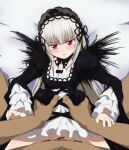  1boy 1girl bar_censor black_collar black_dress black_hairband black_ribbon black_wings blunt_bangs blush censored collar commentary_request detached_collar dress feathered_wings frilled_dress frills gothic_lolita grey_hair hair_ribbon hairband hetero highres lolita_fashion lolita_hairband long_hair looking_at_viewer penis pov pov_crotch pov_hands pussy red_eyes ribbon rozen_maiden sex shiodanx solo_focus suigintou vaginal white_dress wings 
