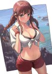  1girl absurdres bikini black_bikini blush braid breasts brown_hair cleavage collarbone commission green_eyes hair_between_eyes highres kantai_collection large_breasts long_hair looking_at_viewer midriff navel noshiro_(kancolle) noshiro_(swimsuit)_(kancolle) ocean open_mouth red_scrunchie red_shorts rock scrunchie shirt shorts skeb_commission solo swimsuit tantaka tied_shirt twin_braids white_shirt wrist_scrunchie 