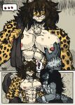 abs absurd_res anthro arm_tuft athletic biceps big_muscles black_body black_fur black_fur_markings black_hair black_nose black_sclera blonde_hair blue_eyes bottomwear brown_body brown_fur cheek_tuft chest_tuft clothed clothing comic curly_hair dipstick_ears duo ear_markings elbow_tuft eyebrows facial_hair facial_tuft fangs felid feline first_person_view fluffy fluffy_tail fur goatee grey_body grey_fur hair handwear hatching_(art) heterochromia hi_res ink jaguar jwbash lemur looking_at_viewer male mammal manly markings meme mouth_closed multicolored_body multicolored_ears multicolored_fur muscular muscular_anthro muscular_male navel neck_tuft nipples open_clothing orange_eyes pantherine pants partially_clothed pec_grab pecs pose primate red_bottomwear red_clothing red_eyes red_pants ring-tailed_lemur roku_(jwbash) shaded shorts simple_background slim slim_male spots standing strepsirrhine tail tan_body tan_fur teeth text thick_eyebrows topless tuft whiskers white_body white_fur