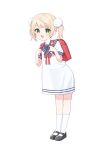  1girl :d absurdres aged_down backpack bag black_shoes blonde_hair blue_sailor_collar blush bow bowtie crime_prevention_buzzer dress green_eyes hair_ornament highres holding_strap indie_virtual_youtuber looking_at_viewer pom_pom_(clothes) pom_pom_hair_ornament randoseru red_bag red_bow red_bowtie sailor_collar sailor_dress school_uniform see-through_silhouette shigure_ui_(vtuber) shigure_ui_(vtuber)_(young) shoes smile socks solo twintails ugaaaa1 virtual_youtuber white_socks 