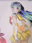  back_bow bishoujo_senshi_sailor_moon bow bowtie colored_pencil_(medium) cone_horns crossover elbow_gloves from_behind gloves green_hair hands_on_own_ass highres horns long_hair looking_at_viewer looking_back lum magical_girl miniskirt open_mouth orange_bow pointy_ears red_bow red_bowtie sailor_collar sailor_senshi_uniform skirt tomo_okame0106 traditional_media unofficial_sailor_senshi_uniform urusei_yatsura white_gloves yellow_sailor_collar yellow_skirt 