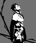  1boy absurdres closed_mouth collared_shirt cowboy_shot detached_sleeves diarmuid_ua_duibhne_(fate) diarmuid_ua_duibhne_(lancer)_(fate) fate/zero fate_(series) from_side grey_background head_back highres looking_up male_focus mole mole_under_eye popped_collar profile shirt sideburns single_bare_shoulder sleeveless sleeveless_shirt solo spot_color standing ujino yellow_eyes 