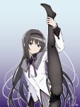  1girl akemi_homura akemi_homura_(magical_girl) black_hair black_hairband dotya45 expressionless flexible frilled_skirt frills gradient_background hairband highres long_hair long_sleeves magical_girl mahou_shoujo_madoka_magica mahou_shoujo_madoka_magica_(anime) multicolored_hair odaibako panties panties_under_pantyhose pantyhose purple_eyes ribbon skirt solo split standing standing_on_one_leg standing_split two-tone_capelet underwear upskirt 