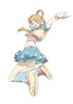  1girl absurdres aqua_bow blonde_hair blue_eyes blue_leg_warmers blue_shirt blue_skirt boots bow commentary_request fingernails fukuhara_ann full_body grey_outline hair_bow hair_bun happy heart highres ice_skates idol jumping leg_warmers long_hair midriff miniskirt morgue_(southsakura) multicolored_boots open_mouth outline outstretched_arm pink_tank_top pleated_skirt pretty_rhythm pretty_rhythm_rainbow_live pretty_series puffy_short_sleeves puffy_sleeves red_boots red_tank_top shirt short_sleeves simple_background single_hair_bun skates skirt smile solo star_(symbol) star_print tank_top teeth two-tone_boots two-tone_shirt two-tone_tank_top upper_teeth_only white_background wristband yellow_boots yellow_shirt 