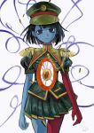  1girl alternate_costume black_hair blue_skin blunt_bangs blunt_ends bob_cut colored_skin ena:_dream_bbq ena_(dream_bbq) ena_(series) ena_(species) green_hat hangover_ena hat highres hole_in_chest hole_in_stomach hole_on_body looking_at_viewer multicolored_skin red_skin shirt short_sleeves simple_background solo two-tone_skin usagimarumei 