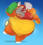 2025 4_toes alternate_species anthro arm_cannon armor belly big_belly big_ears breasts clothing elephant elephantid eyelashes feet female fist form_fitting gradient_background grey_body grey_skin half-closed_eyes hi_res huge_belly hugo_enrique_art looking_aside machine mammal metroid narrowed_eyes nintendo obese obese_anthro obese_female overweight overweight_anthro overweight_female power_armor proboscidean samus_aran simple_background solo swimming_trunks swimwear thick_thighs toes visor visor_helmet