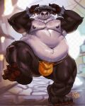 2025 anthro asian_clothing asian_conical_hat bear bearkyng belly bracelet bulge clothing detailed_bulge east_asian_clothing eyewear fundoshi fur giant_panda glasses hat headgear headwear hi_res japanese_clothing jewelry male mammal mihoyo multicolored_body multicolored_fur musclegut muscular navel nipples pan_yin_hu pawpads pecs solo spiked_bracelet spikes underwear zenless_zone_zero