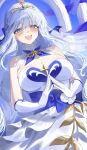  1girl absurdres adina_savic adina_savic_(eternal_bow) bare_shoulders black_survival blue_bow blue_eyes bow braid breasts circlet cleavage cleavage_cutout clothing_cutout commentary commission dress eternal_return:_black_survival gloves highres large_breasts long_hair looking_at_viewer official_alternate_costume open_mouth own_hands_together pixiv_commission ryu_(yanagi) sleeveless sleeveless_dress smile solo steepled_fingers very_long_hair white_dress white_gloves white_hair 