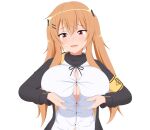  1girl :d black_jacket blush breasts breasts_squeezed_together brown_hair buttons cleavage commentary fang girls&#039;_frontline grabbing_own_breast hair_between_eyes hair_ornament hairclip hands_up highres jacket large_breasts long_hair looking_at_breasts no_bra nyuumura_asa open_clothes open_jacket orange_hair pink_eyes raised_inner_eyebrows shirt smile solo twintails ump9_(girls&#039;_frontline) undersized_clothes upper_body very_long_hair white_shirt 