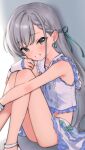  1girl ass bare_arms bare_legs braid earrings grey_eyes grey_hair grin highres hisakawa_hayate idolmaster idolmaster_cinderella_girls jewelry jia_wenyuan long_hair looking_at_viewer looking_to_the_side midriff shirt shoes sitting sleeveless sleeveless_shirt smile solo thighs very_long_hair white_shirt white_shoes 