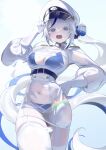  1girl 4string_guitar0 @_@ absurdres aokumo_rin belt bikini bikini_under_clothes blue_belt blue_bikini blue_eyes blue_hair blue_ribbon blush breasts buttons colored_inner_hair commentary cowboy_shot embarrassed floating_hair garter_straps gloves grey_hair hair_ribbon hair_rings hand_on_headwear hand_on_own_hip hat highres jacket large_breasts lens_flare long_hair long_sleeves looking_at_viewer military_hat military_uniform multicolored_hair naval_uniform open_mouth peaked_cap pencil_skirt puffy_long_sleeves puffy_sleeves ribbon see-through_clothes see-through_jacket see-through_skirt simple_background single_hair_ring skirt solo standing stellive sweat swimsuit symbol-only_commentary thighhighs two-tone_hair very_long_hair virtual_youtuber wet wet_clothes white_background white_gloves white_hat white_jacket white_skirt white_thighhighs 