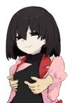  1girl black_eyes black_hair black_undershirt bob_cut breasts closed_mouth covered_nipples empty_eyes grabbing_from_behind hair_between_eyes jacket lapels long_sleeves looking_at_viewer molestation monogatari_(series) naoetsu_high_school_uniform narrowed_eyes notched_lapels oshino_ougi pale_skin pink_jacket red_trim school_uniform shirt short_hair simple_background small_breasts smile tsugumi_(tgm_615486) upper_body very_long_sleeves white_background 