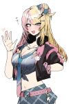  1girl absurdres amesuku_gyaru arm_up belt blonde_hair blue_eyes blue_necktie blush breasts cleavage cropped_jacket gyaru hair_ornament hair_scrunchie hand_in_pocket headphones headphones_around_neck highres jewelry kogal kotoka_torahime kotoka_torahime_(1st_costume) large_breasts lightning_bolt_hair_ornament lightning_bolt_symbol long_hair looking_at_viewer midriff multicolored_hair multicolored_shirt navel necklace necktie nijisanji nijisanji_en open_mouth pink_belt pink_hair pink_nails scrunchie shirt solo split-color_hair talking three-quarter_sleeves tied_shirt tsuukon_(tukonn) virtual_youtuber waving white_background wrist_scrunchie x_hair_ornament 