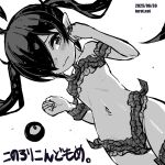  1girl ahoge backbeako_(torotei) backbeard bikini blush closed_mouth commentary_request cowboy_shot dated dated_commentary dutch_angle flat_chest furrowed_brow gegege_no_kitarou greyscale hair_over_one_eye hands_up kono_lolicon_domome light_frown long_hair looking_at_viewer monochrome navel original paid_reward_available petite plant_clothing pointy_ears ribs seaweed simple_background solo swimsuit thigh_strap torotei translated twintails web_address white_background 