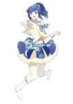  1girl absurdres aikatsu! aikatsu!_(series) blue_eyes blue_hair blue_neckerchief blue_scrunchie blue_skirt boots clenched_hand commentary_request eyelashes floating_clothes floating_hair frilled_boots frilled_skirt frilled_wrist_cuffs frills full_body hair_ornament hair_scrunchie happy high_heel_boots high_heels highres idol jumping kiriya_aoi knee_boots layered_skirt medium_hair midriff_peek morgue_(southsakura) navel neckerchief necktie offering_hand outstretched_hand plaid_clothes plaid_necktie plaid_scrunchie plaid_skirt pleated_skirt puffy_short_sleeves puffy_sleeves sailor_collar scrunchie shirt short_sleeves side_ponytail simple_background skirt solo swept_bangs tareme wavy_hair white_background white_boots white_sailor_collar white_skirt white_wrist_cuffs wrist_cuffs yellow_shirt 