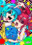  2girls 3sanshokudango3 ahoge aqua_hair aqua_pupils black_choker black_eyes blue_dress blue_nails choker clip_studio_paint_(medium) colored_eyelashes commentary confetti dress drill_hair empty_eyes gloves hatsune_miku highres hug kasane_teto looking_at_viewer looking_to_the_side mesmerizer_(vocaloid) multicolored_eyes multiple_girls nervous open_mouth pink_eyes pink_hair pinstripe_dress pinstripe_pattern pinstripe_shirt puffy_short_sleeves puffy_sleeves purple_eyes red_suspenders scared sharp_teeth shirt short_sleeves spiral_background striped_clothes striped_dress striped_shirt suspenders sweatdrop synthesizer_v teeth tongue tongue_out twin_drills twintails upper_body vertical-striped_clothes vertical-striped_dress vertical-striped_shirt vocaloid wrist_cuffs yellow_gloves 